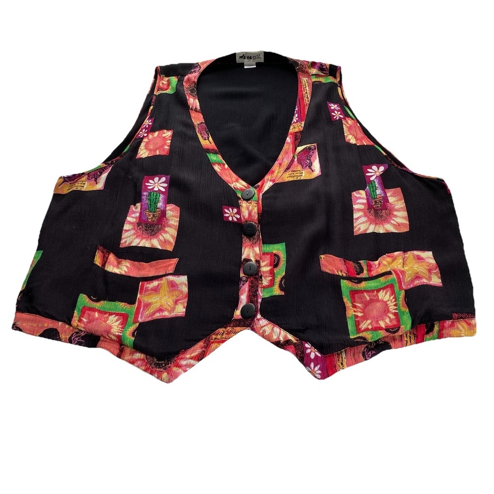 Vintage We Be Bop Vest Women's‎ 2X Black Artsy Patchwork 90's Y2K Button Front